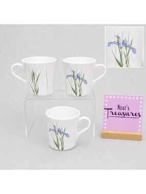 Corelle Corning SHADOW IRIS Purple Pastel Flowers White 8oz Stoneware Cups Set 3